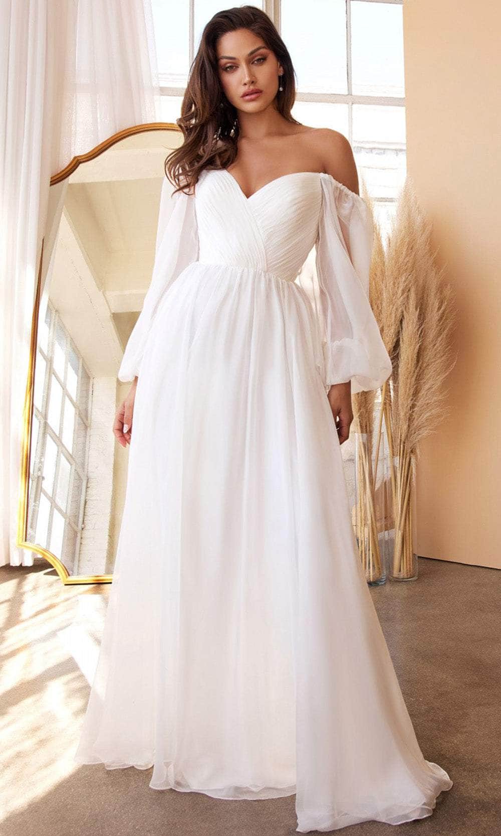Cinderella Divine CD243W - Long Chiffon A-Line Dress - Sheer Bishop Sleeves, Ruched Bodice, V-Open Back, Zipper Closure, Sweep Train ADASA Cinderella Divine CD243W - Long Chiffon A-Line Dress - Sheer Bishop Sleeves, Ruched Bodice, V-Open Back, Zipper Closure, Sweep Train ADASA