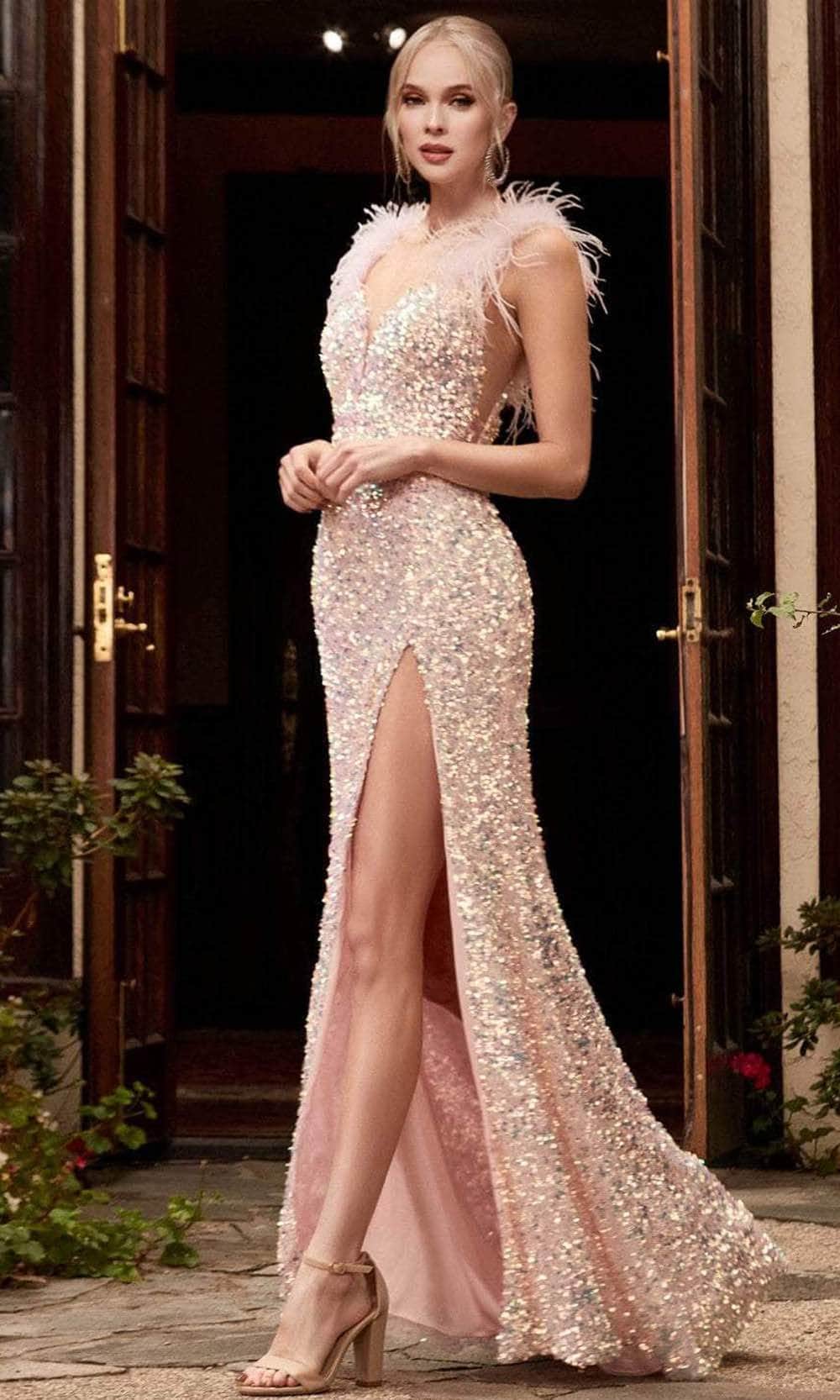 Cinderella Divine CD248 - Sleeveless Feather Long Dress Special Occasion Dress 2 / Blush