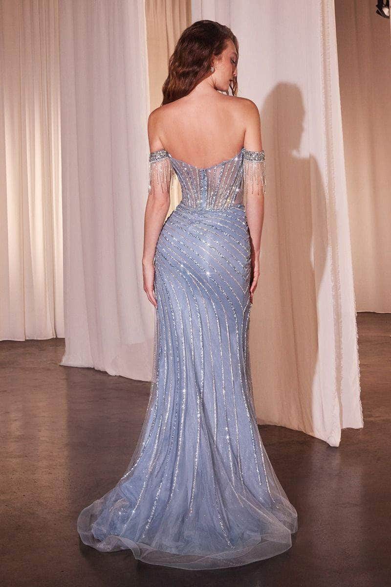 Cinderella Divine CD848 - Off-Shoulder Prom Dress with Fringed Accents