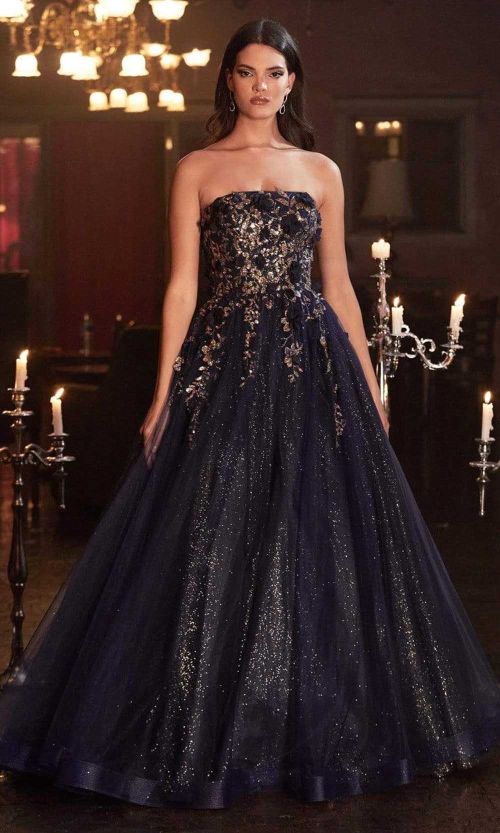 Cinderella Divine - CD955 Strapless Glitter Ballgown Prom Dresses 2 / Navy-Gold