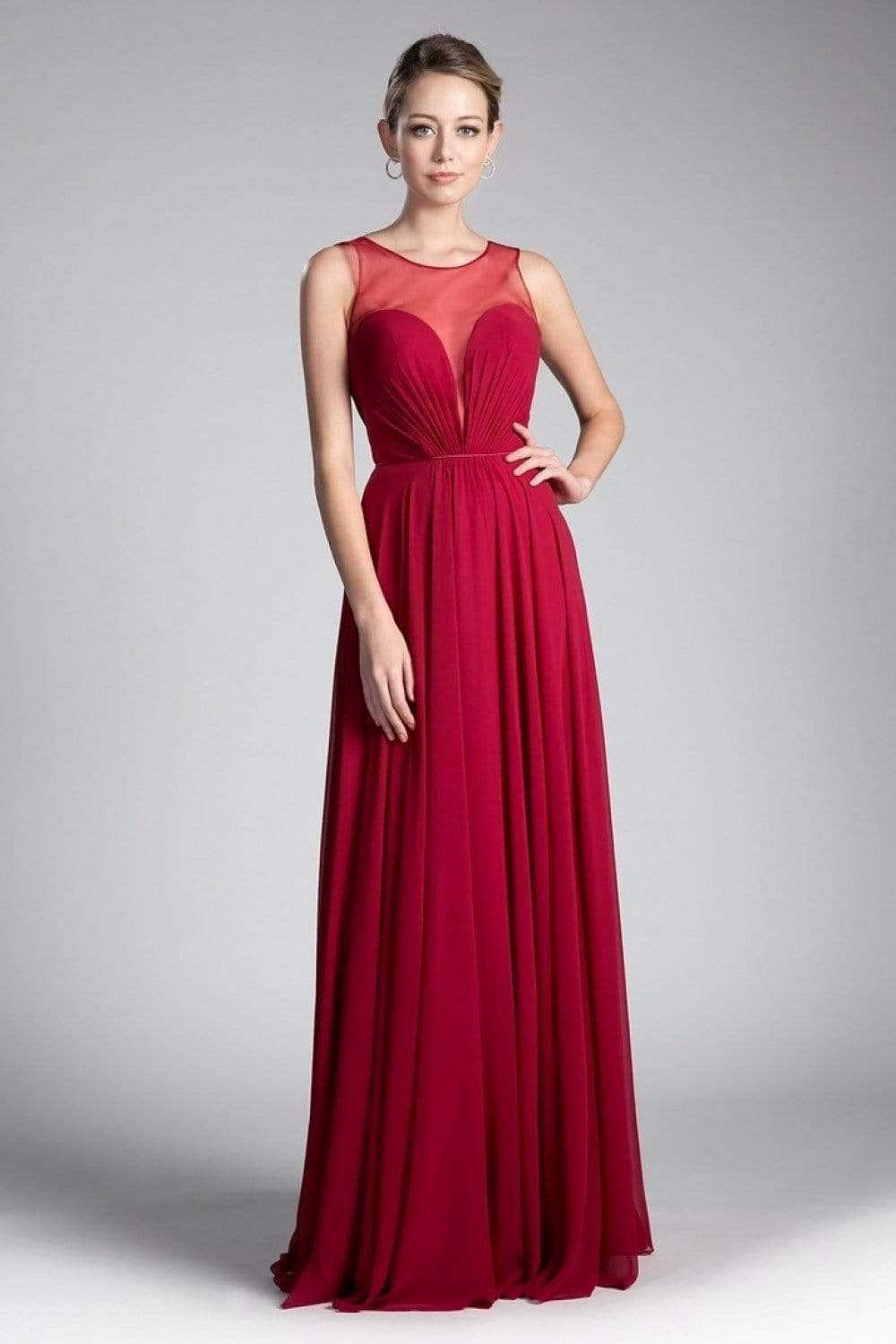 Cinderella Divine - CJ251 Illusion Neckline A-Line Chiffon Dress Evening Dresses 2 / Burgundy