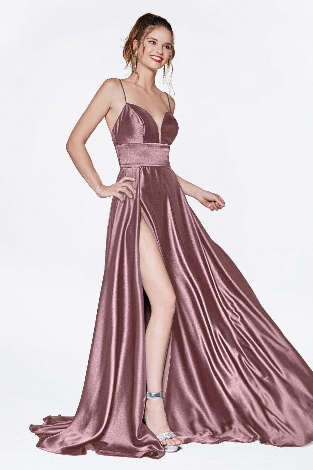 Cinderella Divine - CJ523 Sweetheart Neckline High Slit Satin Gown Bridesmaid Dresses 4 / Mauve