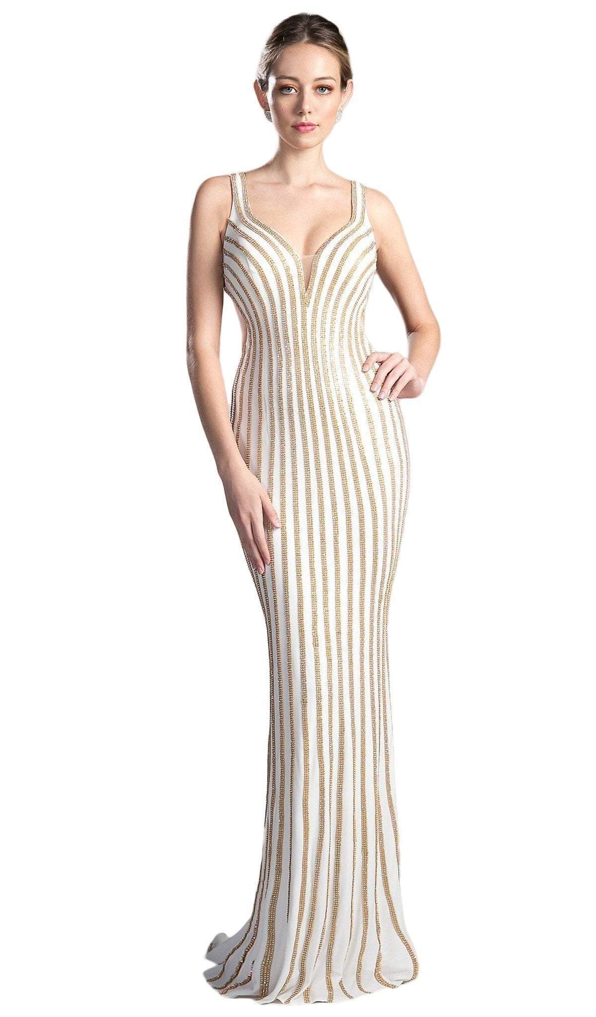 Ladivine KC19017 - V-Neck Gold Sheath Beaded Prom Dress ADASA Ladivine KC19017 - V-Neck Gold Sheath Beaded Prom Dress ADASA