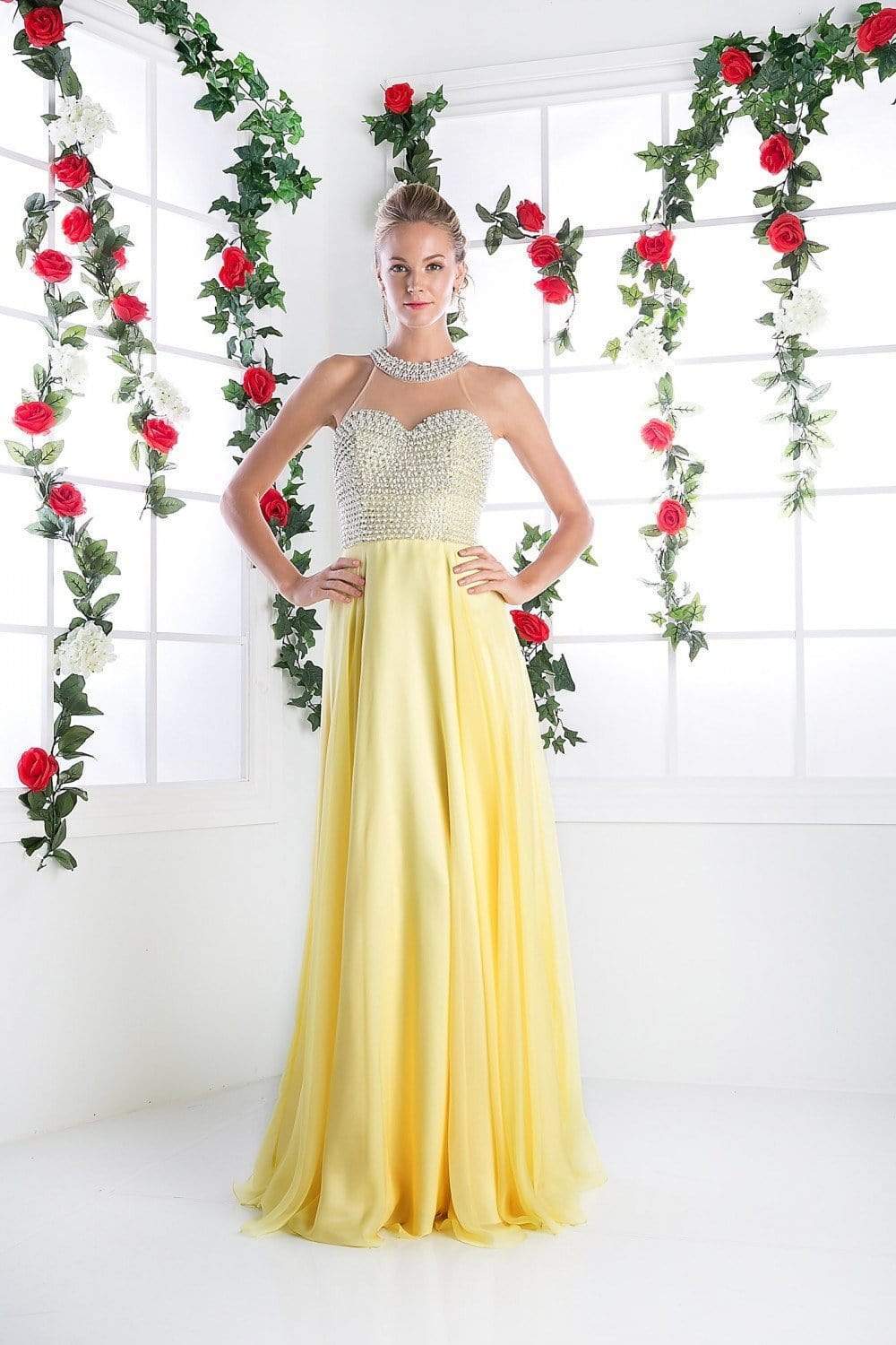 Cinderella Divine - High Halter Pearl Adorned Bodice Chiffon Gown Special Occasion Dress