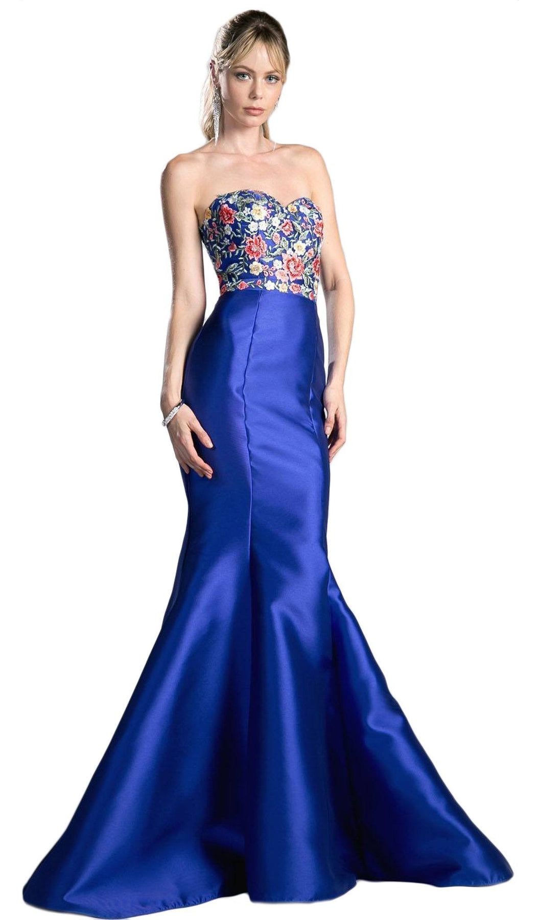 Ladivine - HW06 Floral Embellished Strapless Mermaid Evening Gown Special Occasion Dress XS / Royal