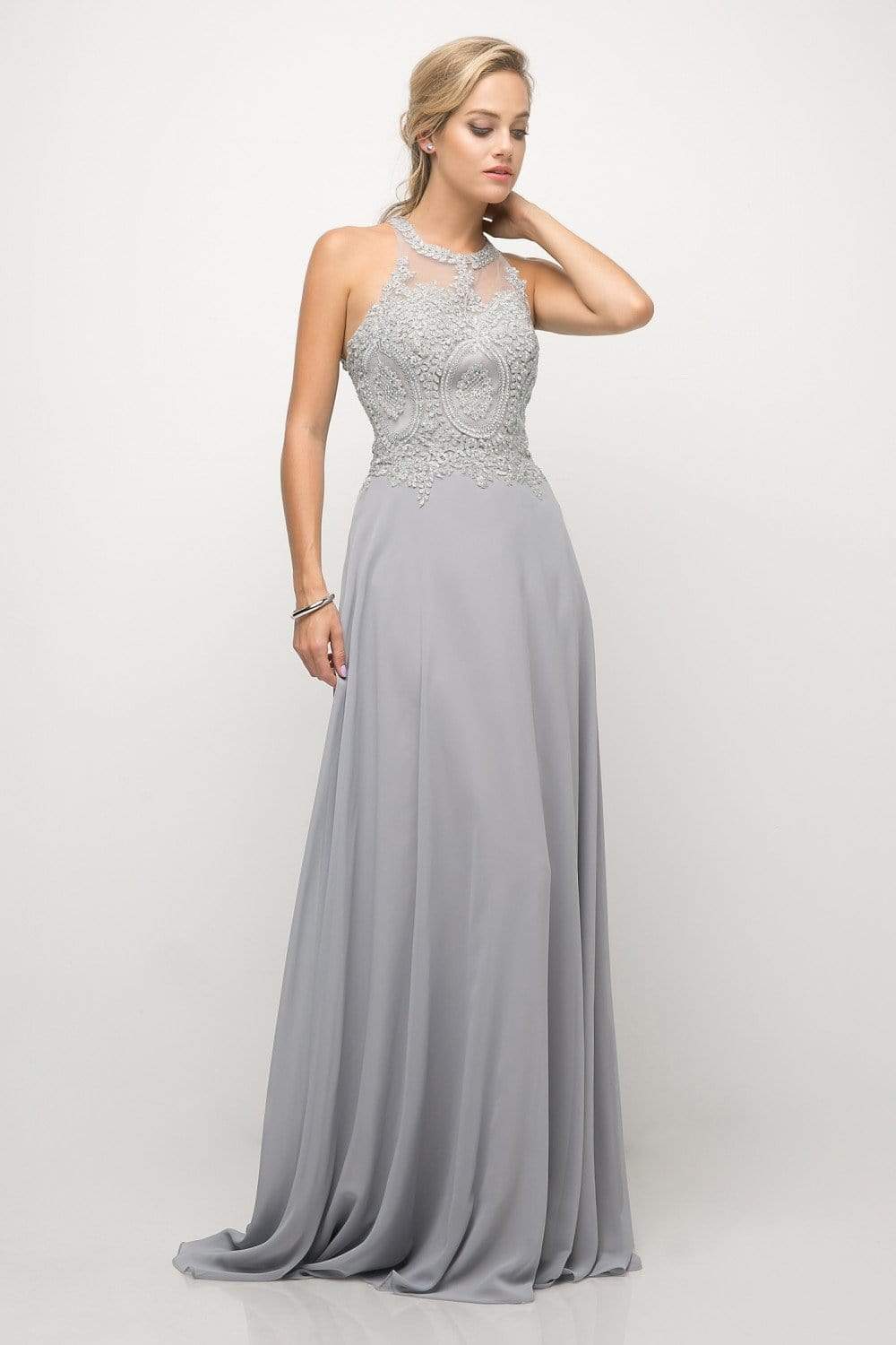 Cinderella Divine - Illusion Jewel Tonal Appliqued Long Evening Gown Prom Dresses XXS / Silver