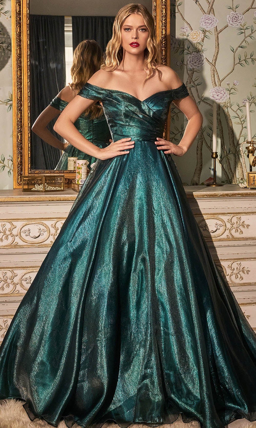 Cinderella Divine J822 - Long Ballgown Dress - Off Shoulder, Surplice, Sweetheart Neckline, Short Sleeves, Back Zipper, Train ADASA Cinderella Divine J822 - Long Ballgown Dress - Off Shoulder, Surplice, Sweetheart Neckline, Short Sleeves, Back Zipper, Train ADASA