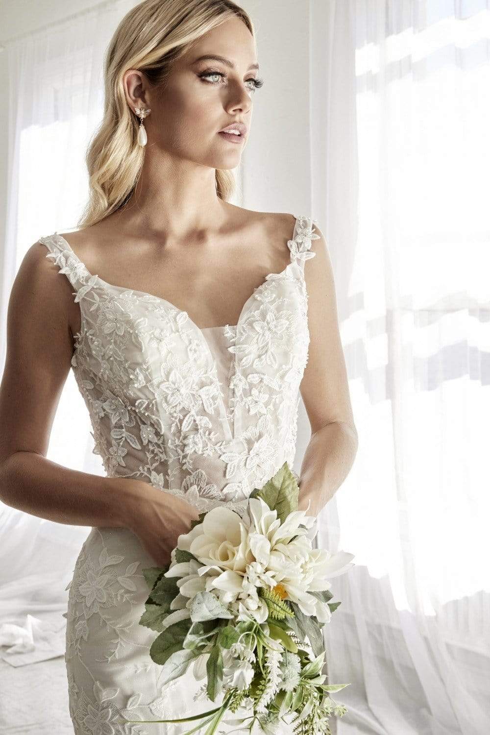 Cinderella Divine - TY01 Floral Applique Deep V-neck Trumpet Gown Wedding Dresses