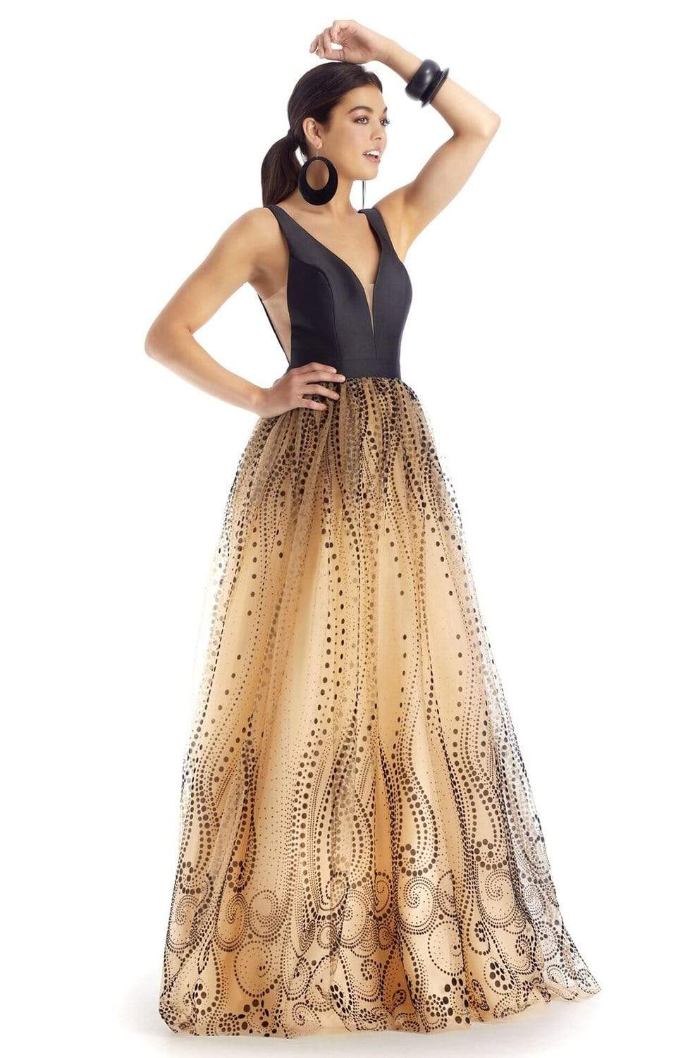 Clarisse 5104 - Long A-Line Dress - Sleeveless, Plunging V-Neckline with Mesh, Pleated Skirt, Sheer Side Insets, Mikado Fitted Bodice, Low V-Back, Clarisse 5104 - Long A-Line Dress - Sleeveless, Plunging V-Neckline with Mesh, Pleated Skirt, Sheer Side Insets, Mikado Fitted Bodice, Low V-Back,