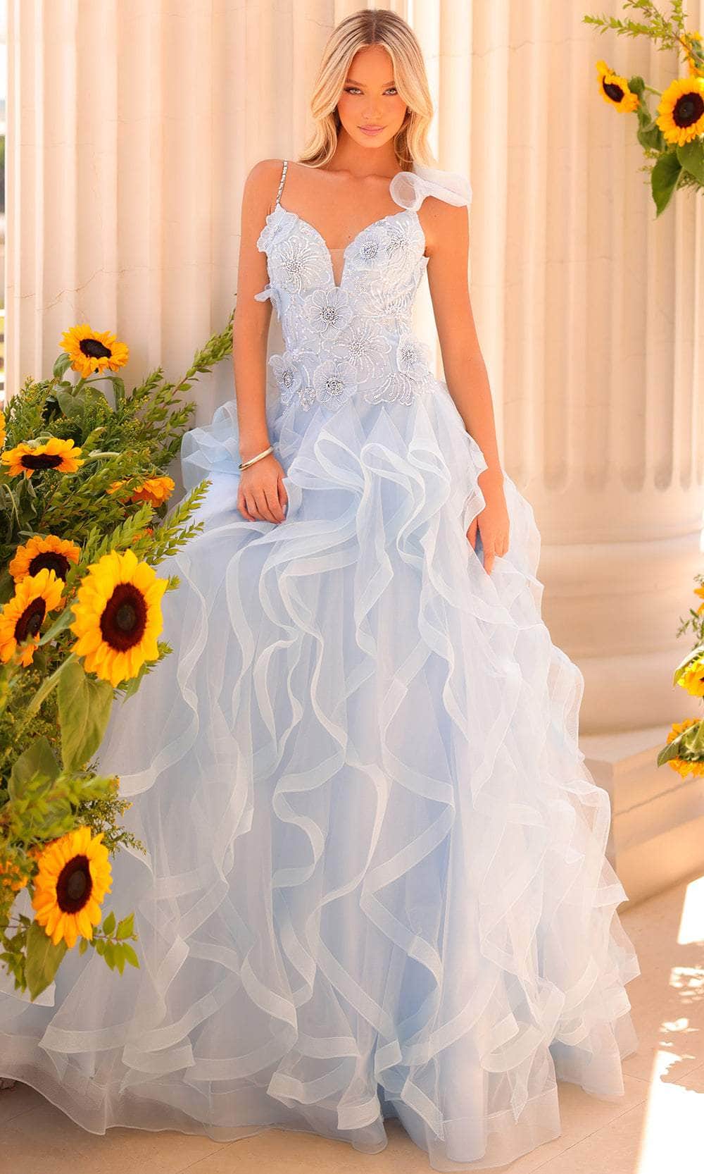 Prom V-Neck Beaded Floor-Length Blend Gown 811226 by Clarisse 2 / LightBlue