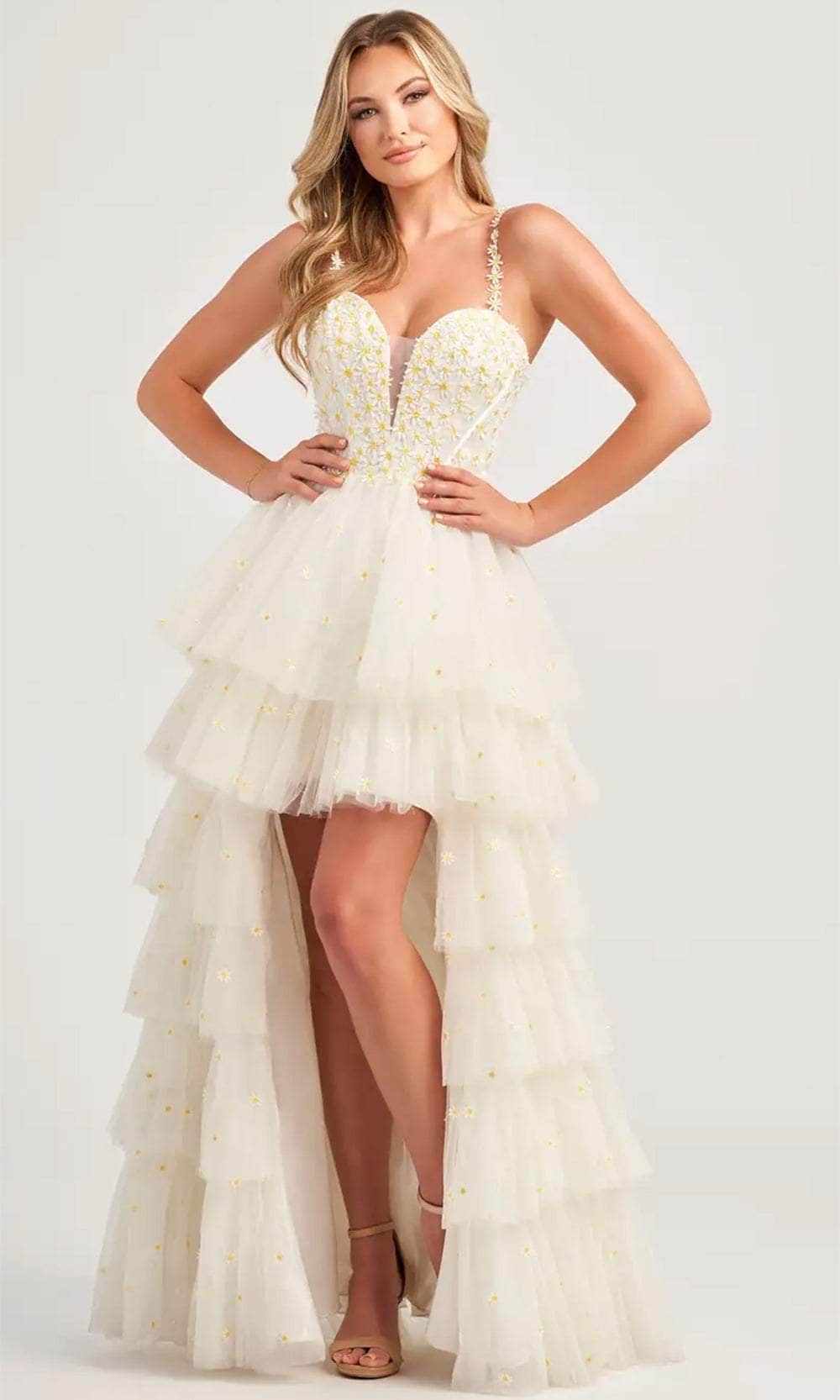Colette By Daphne CL5237 - High-Low Embroidered Daisy Glitter Tulle A-Line Dress - Floral Accents, Embellished Spaghetti Straps, Lace Up Back, Tiered Skirt, Sweep Train ADASA Colette By Daphne CL5237 - High-Low Embroidered Daisy Glitter Tulle A-Line Dress - Floral Accents, Embellished Spaghetti Straps, Lace Up Back, Tiered Skirt, Sweep Train ADASA
