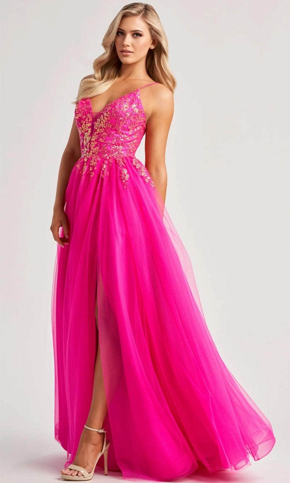 Colette By Daphne CL8030 - Sequin Detail Tulle Gown Prom Dresses / 00  Hot Pink