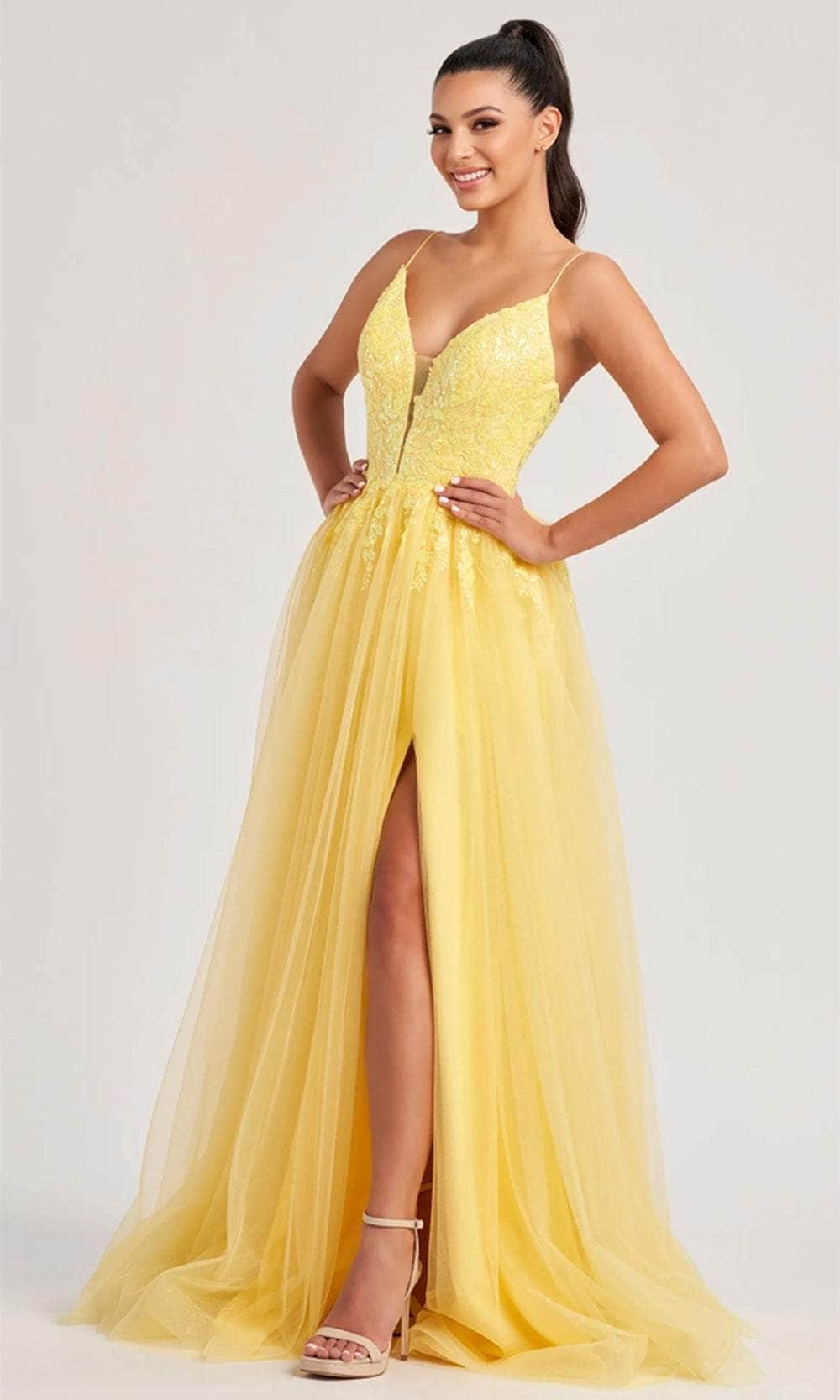 Colette By Daphne CL8030 - Sequin Detail Tulle Gown Prom Dresses / 00  Sunshine
