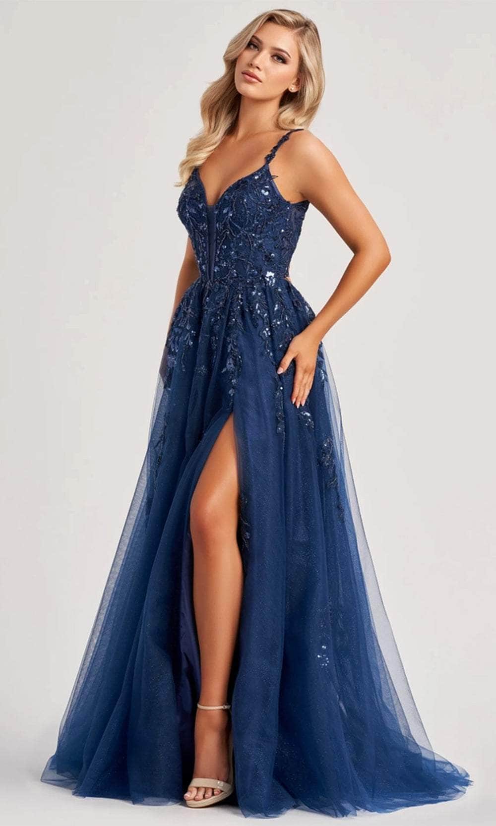 Colette By Daphne CL8060 - Long Tulle, Applique, Sequin, Beading, Glitter Tulle, Satin Lining A-Line Dress - Spaghetti Straps, Illusion Inset, High Colette By Daphne CL8060 - Long Tulle, Applique, Sequin, Beading, Glitter Tulle, Satin Lining A-Line Dress - Spaghetti Straps, Illusion Inset, High
