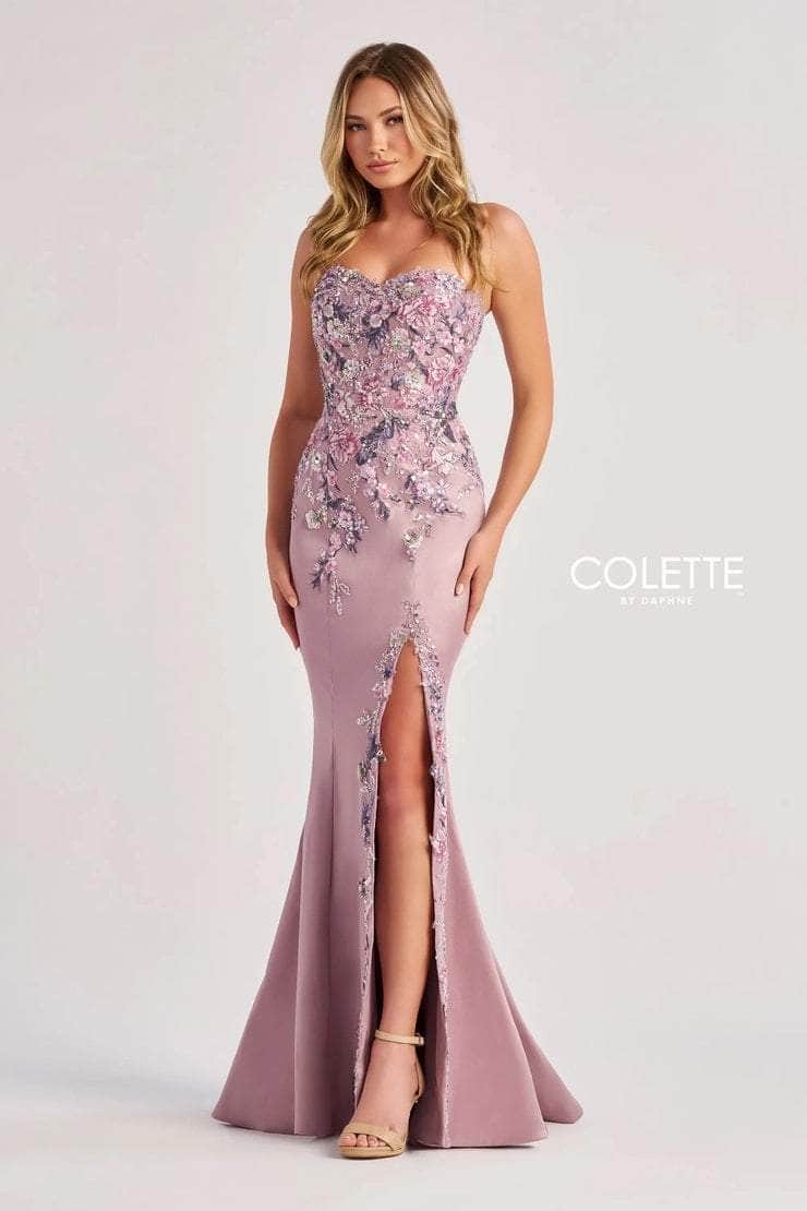 Colette By Daphne CL8410 - Strapless Floral Applique Gown Prom Dresses / 00  Dusty Lilac/Multi
