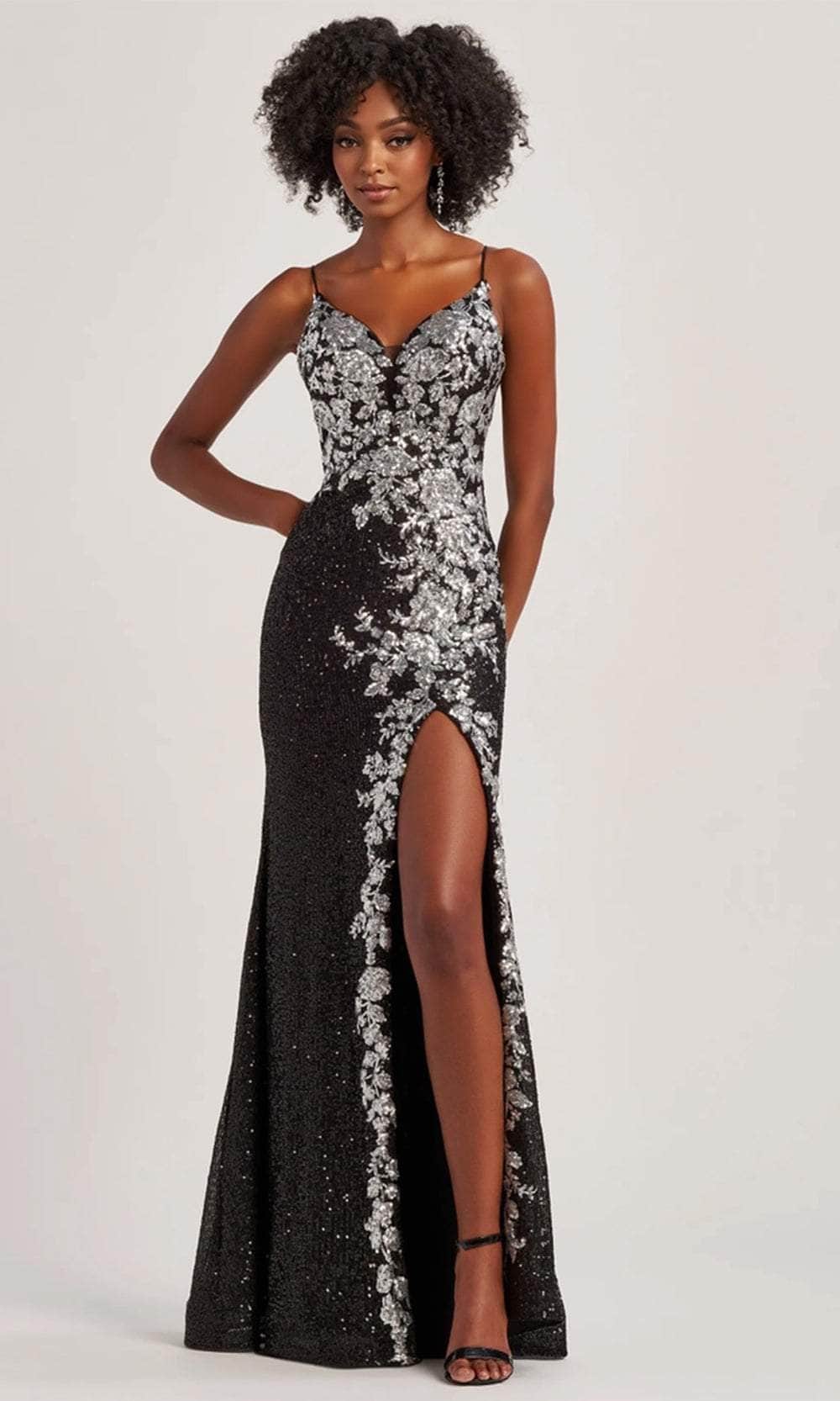 Colette By Daphne CL8425 - Floral Contrast Sequin Gown Evening Dresses / 00  Blk/Silver