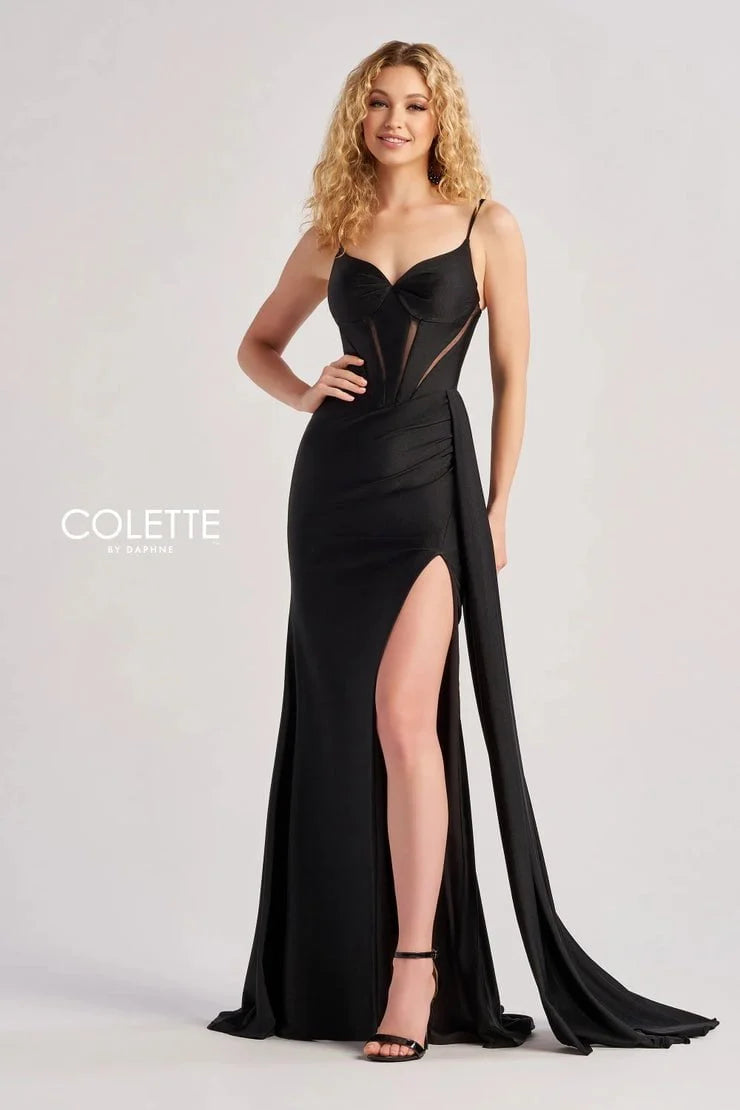 Colette By Daphne CL8480 - Spaghetti Strap High Slit Gown Prom Dresses / 00  Black