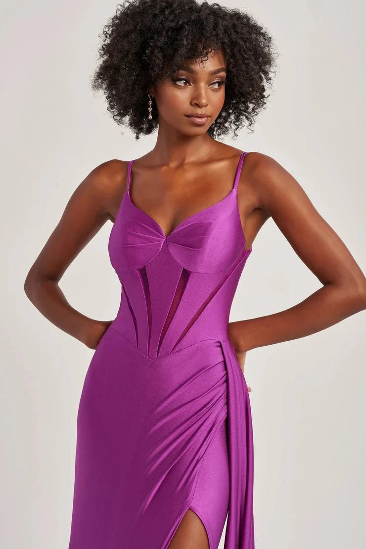 Colette By Daphne CL8480 - Spaghetti Strap High Slit Gown Prom Dresses / 00  Bright Purple