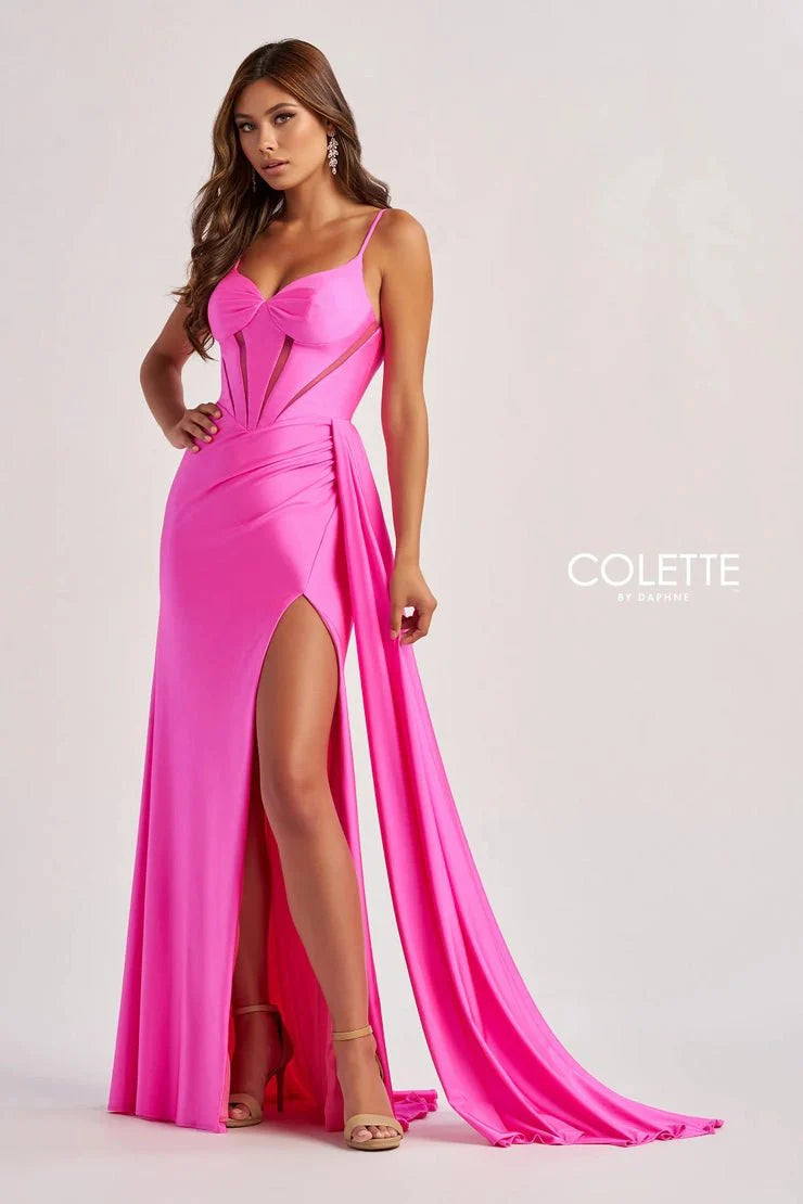 Colette By Daphne CL8480 - Spaghetti Strap High Slit Gown Prom Dresses / 00  Hot Pink