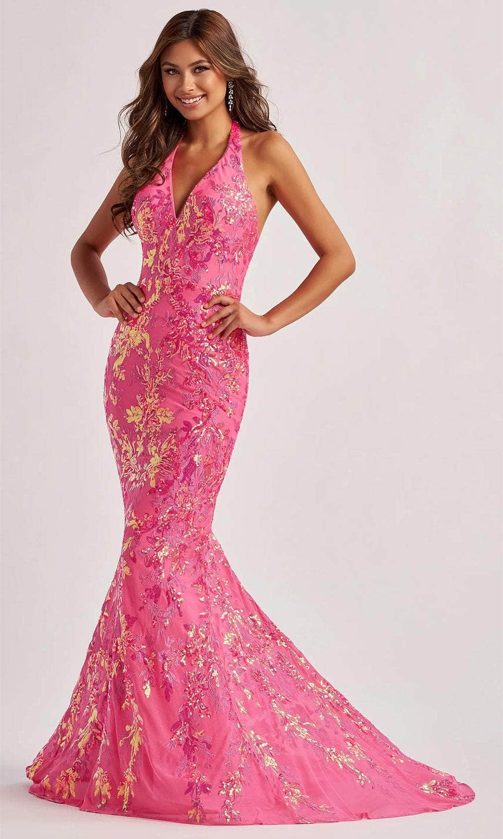 Colette By Daphne CL8495 - Floral Halter Long Gown Prom Dresses / 00  Cotton Candy