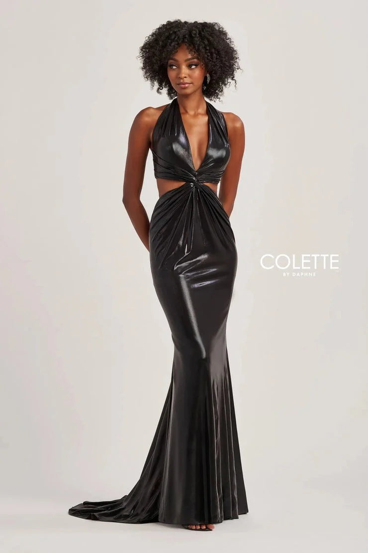 Colette By Daphne CL8505 - Metallic Cutout Prom Gown Prom Dresses / 00  Black