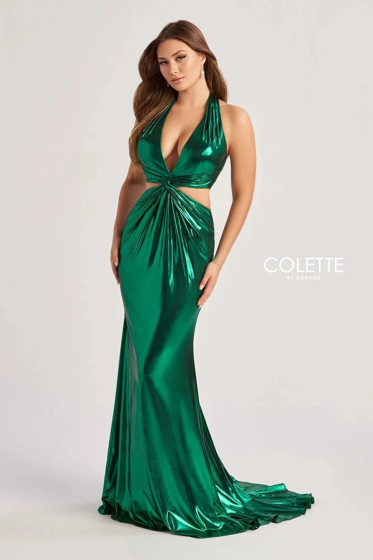 Colette By Daphne CL8505 - Metallic Cutout Prom Gown Prom Dresses / 00  Emerald