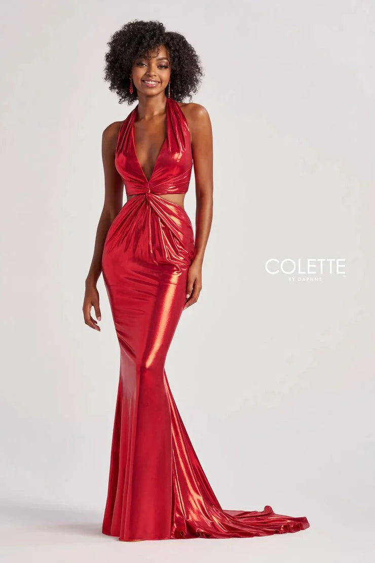 Colette By Daphne CL8505 - Metallic Cutout Prom Gown Prom Dresses / 00  Red