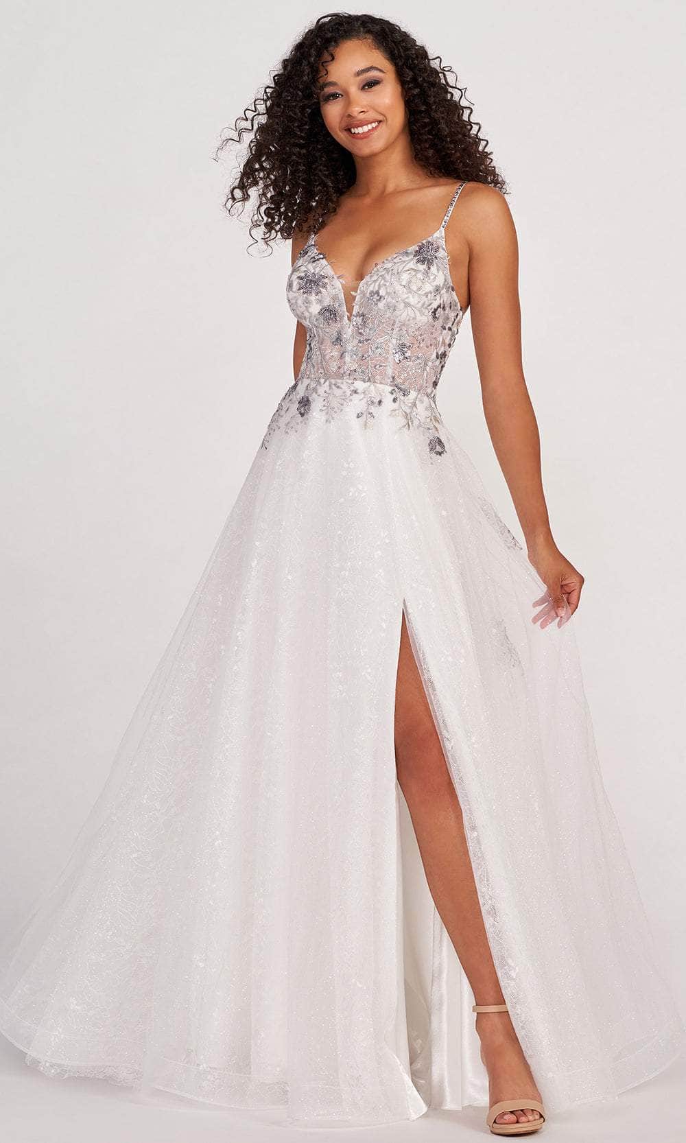 Colette for Mon Cheri CL2064 - Plunging Neck Slit A-line Gown Prom Dresses 00 / White/Silver