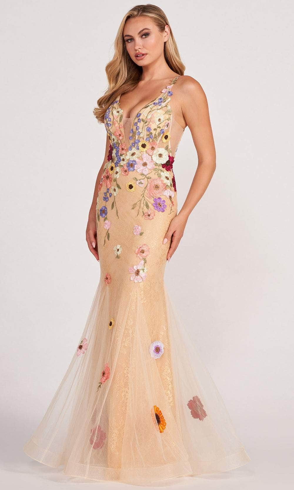 Colette for Mon Cheri CL2085 - Floral Embroidered Tulle Mermaid Gown Prom Dresses 00 / Champ Multi