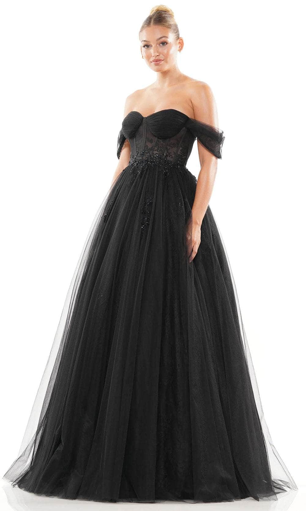 Colors Dress 3240 - Long Lace/Mesh A-Line Dress - Shirred Corset Bodice, Lace Appliques, Draped Sleeves, Lace Up Back, Layered Skirt, Sweep Train 14 / Colors Dress 3240 - Long Lace/Mesh A-Line Dress - Shirred Corset Bodice, Lace Appliques, Draped Sleeves, Lace Up Back, Layered Skirt, Sweep Train 14 /