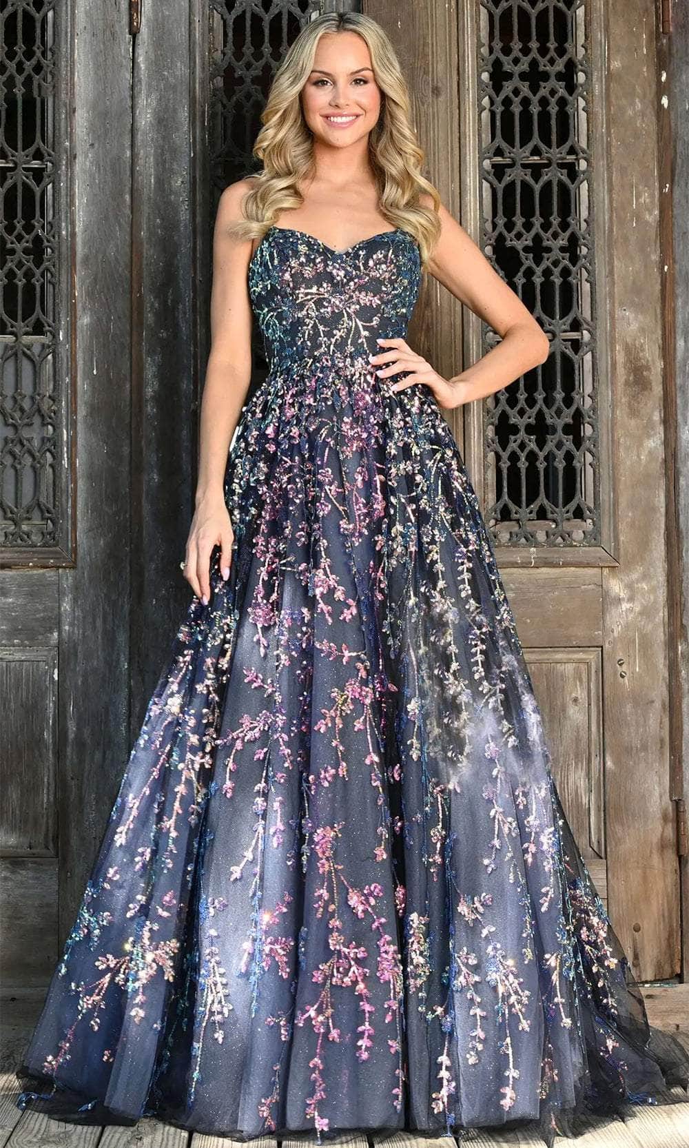 Colors Dress 3247 - Long Sequin Embroidered Mesh A-Line Dress - Spaghetti Straps, Floral Detailed, Open Lace Up Back, High Slit, Sweep Train ADASA Colors Dress 3247 - Long Sequin Embroidered Mesh A-Line Dress - Spaghetti Straps, Floral Detailed, Open Lace Up Back, High Slit, Sweep Train ADASA
