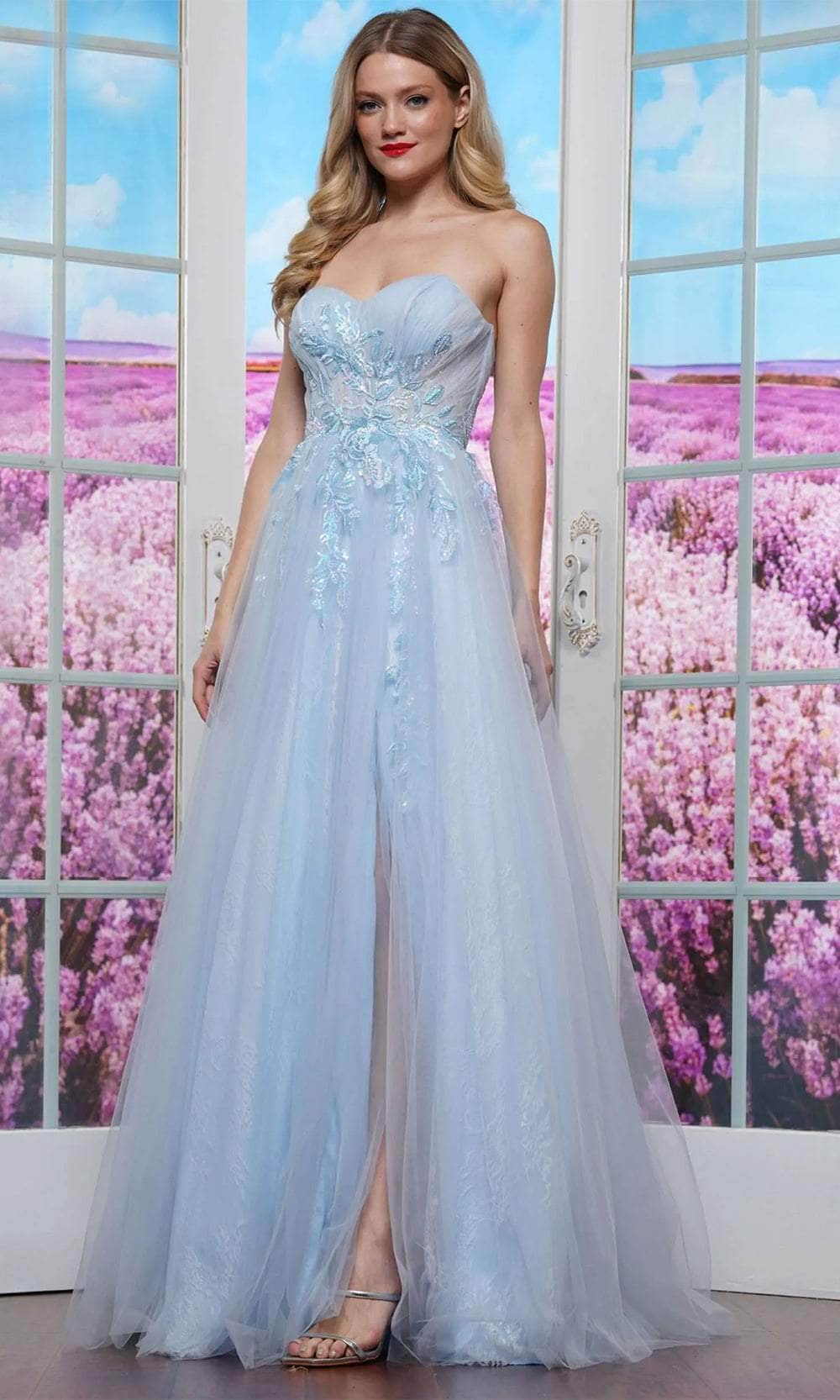 Colors Dress 3484 - Long Tulle A-Line Dress - Strapless, Ruched Bodice, Embellished Appliques, Corset Bodice, Lace Up Back, High Slit, Sweep Train ADASA Colors Dress 3484 - Long Tulle A-Line Dress - Strapless, Ruched Bodice, Embellished Appliques, Corset Bodice, Lace Up Back, High Slit, Sweep Train ADASA