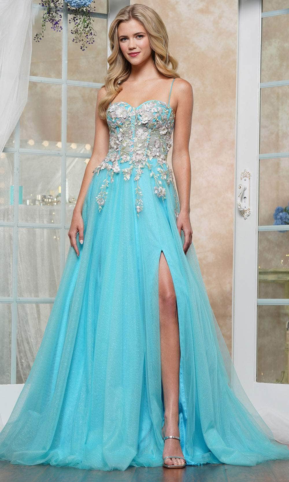 Colors Dress 3496 - Long Tulle with 3D Flower A-Line Dress - Spaghetti Straps, 3D Floral Applique, Embroidery, Beaded, Illusion Corset Boning Bodice, High Slit, Open Lace-U Back, Sweep Train ADASA Colors Dress 3496 - Long Tulle with 3D Flower A-Line Dress - Spaghetti Straps, 3D Floral Applique, Embroidery, Beaded, Illusion Corset Boning Bodice, High Slit, Open Lace-U Back, Sweep Train ADASA