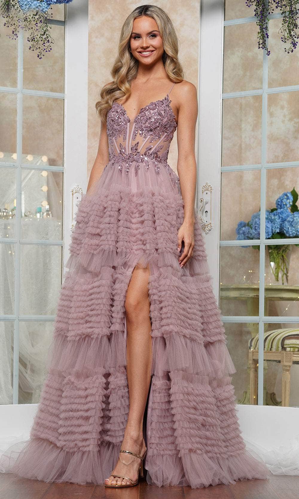 Colors Dress 3515 - Long Mesh Ballgown Dress - See-Through Corset, Spaghetti Straps, Sequin, Lace Appliqued, Ruffles, High Slit, Lace-Up Back, Sweep Train ADASA Colors Dress 3515 - Long Mesh Ballgown Dress - See-Through Corset, Spaghetti Straps, Sequin, Lace Appliqued, Ruffles, High Slit, Lace-Up Back, Sweep Train ADASA