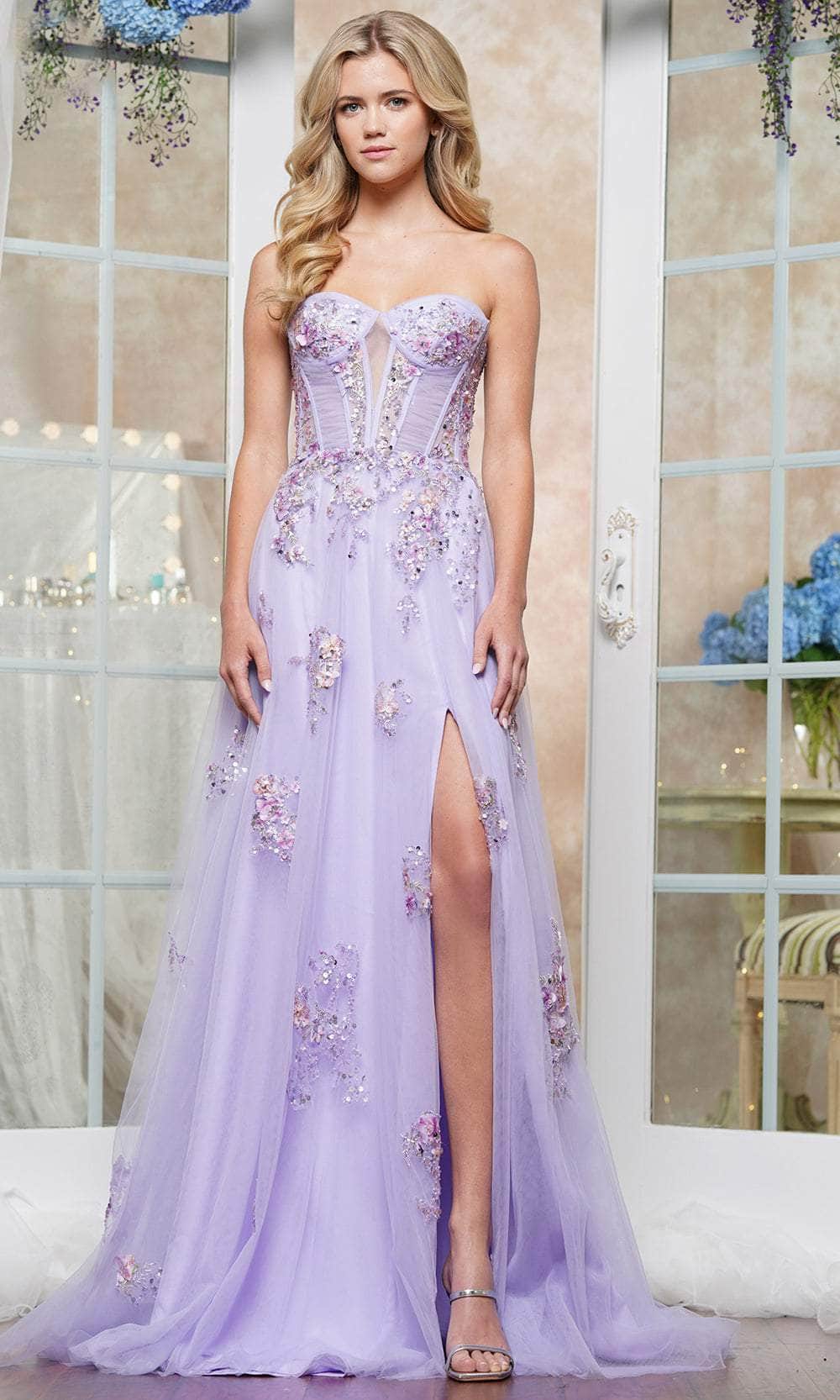 Colors Dress 3575 - Long Tulle with 3D Flower A-Line Dress - Strapless, 3D Floral Applique, Sequins, Corset Bustier, High Slit, Open Back, Lace-Up Colors Dress 3575 - Long Tulle with 3D Flower A-Line Dress - Strapless, 3D Floral Applique, Sequins, Corset Bustier, High Slit, Open Back, Lace-Up