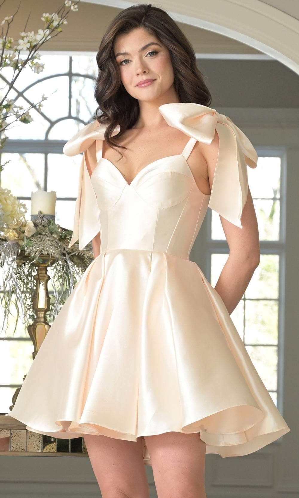Short A-Line Homecoming Dress with Shoulder Bows Champagne / 6 Short A-Line Homecoming Dress with Shoulder Bows Champagne / 6
