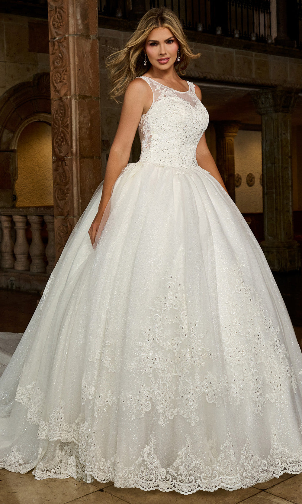 floral beaded lace and tulle mermaid wedding dress Lara 51003 Lattice-Beaded Halter Neck Sheath Wedding Gown Ivory / 2 main image 1