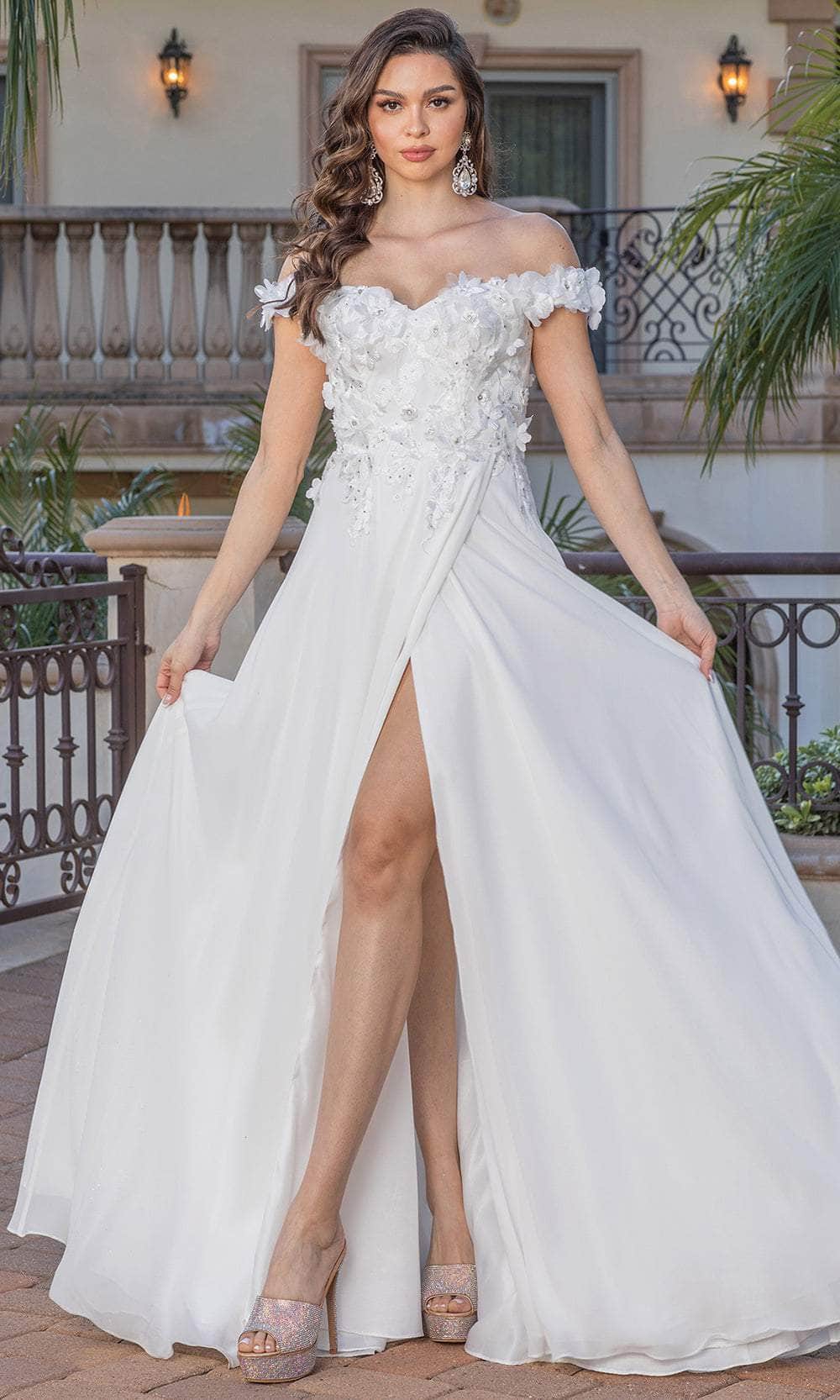 Dancing Queen Danq_0261 - Long A-Line Dress - Off-Shoulder, 3D Floral Applique, Lace-Up Tie, Slit, Train XS / Off White Dancing Queen Danq_0261 - Long A-Line Dress - Off-Shoulder, 3D Floral Applique, Lace-Up Tie, Slit, Train XS / Off White