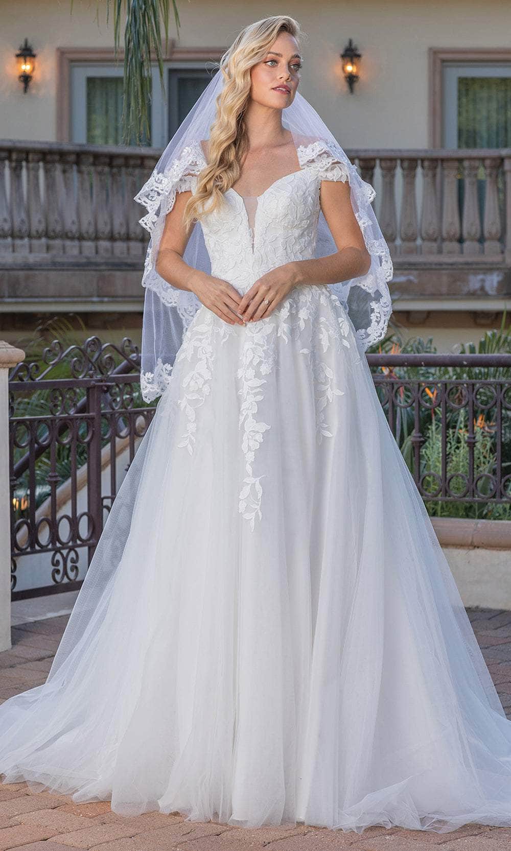 Dancing Queen Danq_0268 - Long Ballgown Dress - Off-Shoulder, Lace Applique, Sheer Insert, Lace-Up Back, Train S / Off White Dancing Queen Danq_0268 - Long Ballgown Dress - Off-Shoulder, Lace Applique, Sheer Insert, Lace-Up Back, Train S / Off White