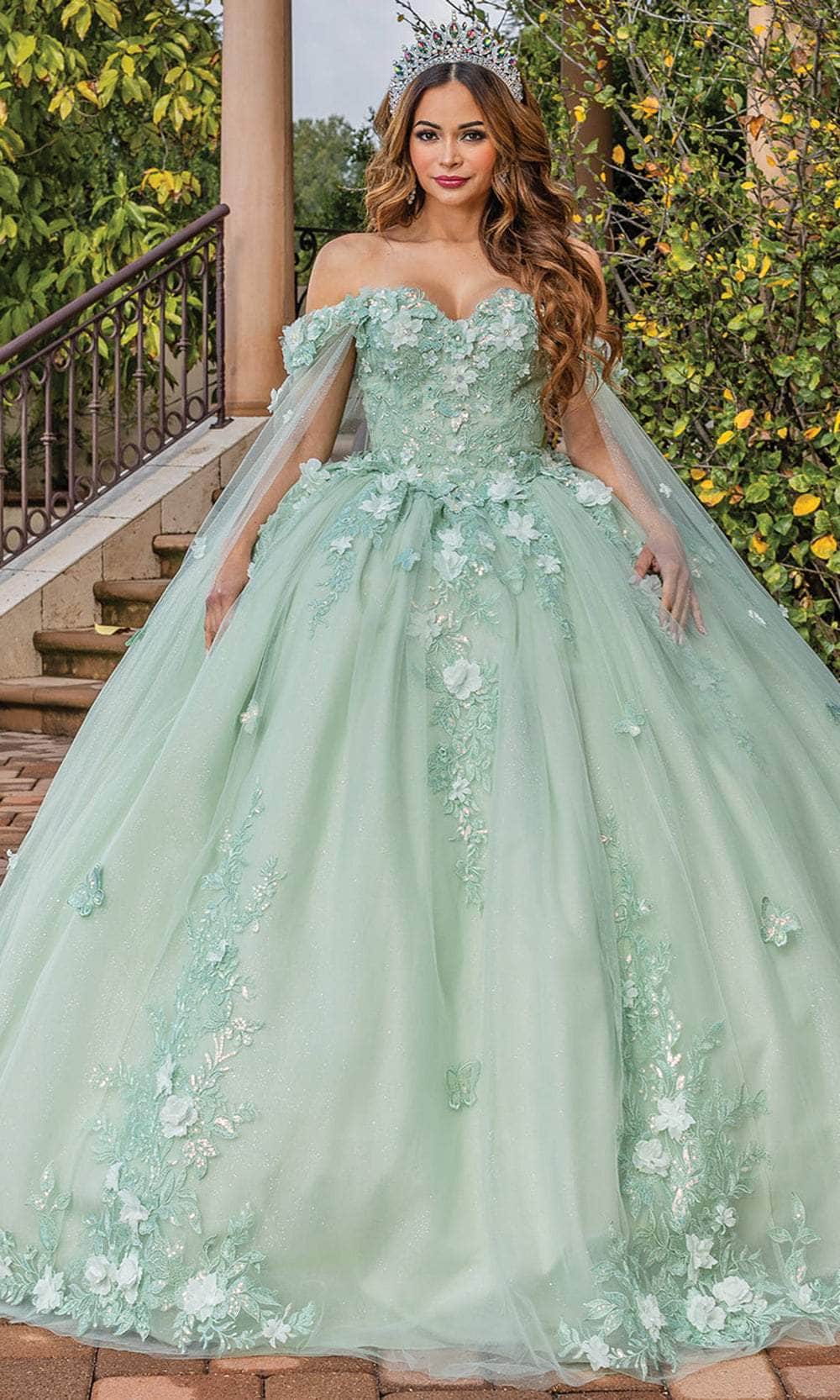 Dancing Queen 1838 - Long Ballgown Dress - Off Shoulder, 3D Floral Applique, Embroidery, Beaded, Butterfly Accents, Long Cape Sleeves ADASA Dancing Queen 1838 - Long Ballgown Dress - Off Shoulder, 3D Floral Applique, Embroidery, Beaded, Butterfly Accents, Long Cape Sleeves ADASA