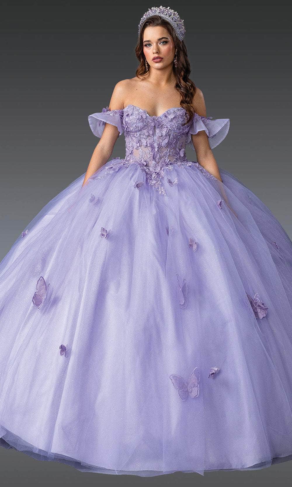 Dancing Queen 1911 - Long Tulle Ballgown Dress - Butterfly Appliques, Glitter Accents, Off-Shoulder Puff Sleeves, Sheer Bodice ADASA Dancing Queen 1911 - Long Tulle Ballgown Dress - Butterfly Appliques, Glitter Accents, Off-Shoulder Puff Sleeves, Sheer Bodice ADASA