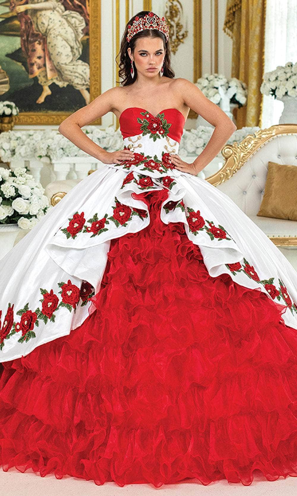 Dancing Queen 1934 - Long Ballgown Dress - Strapless, Lace Up Back, Floral Embroidered Bodice, Tiered Ruffled Skirt, Sweep Train ADASA Dancing Queen 1934 - Long Ballgown Dress - Strapless, Lace Up Back, Floral Embroidered Bodice, Tiered Ruffled Skirt, Sweep Train ADASA