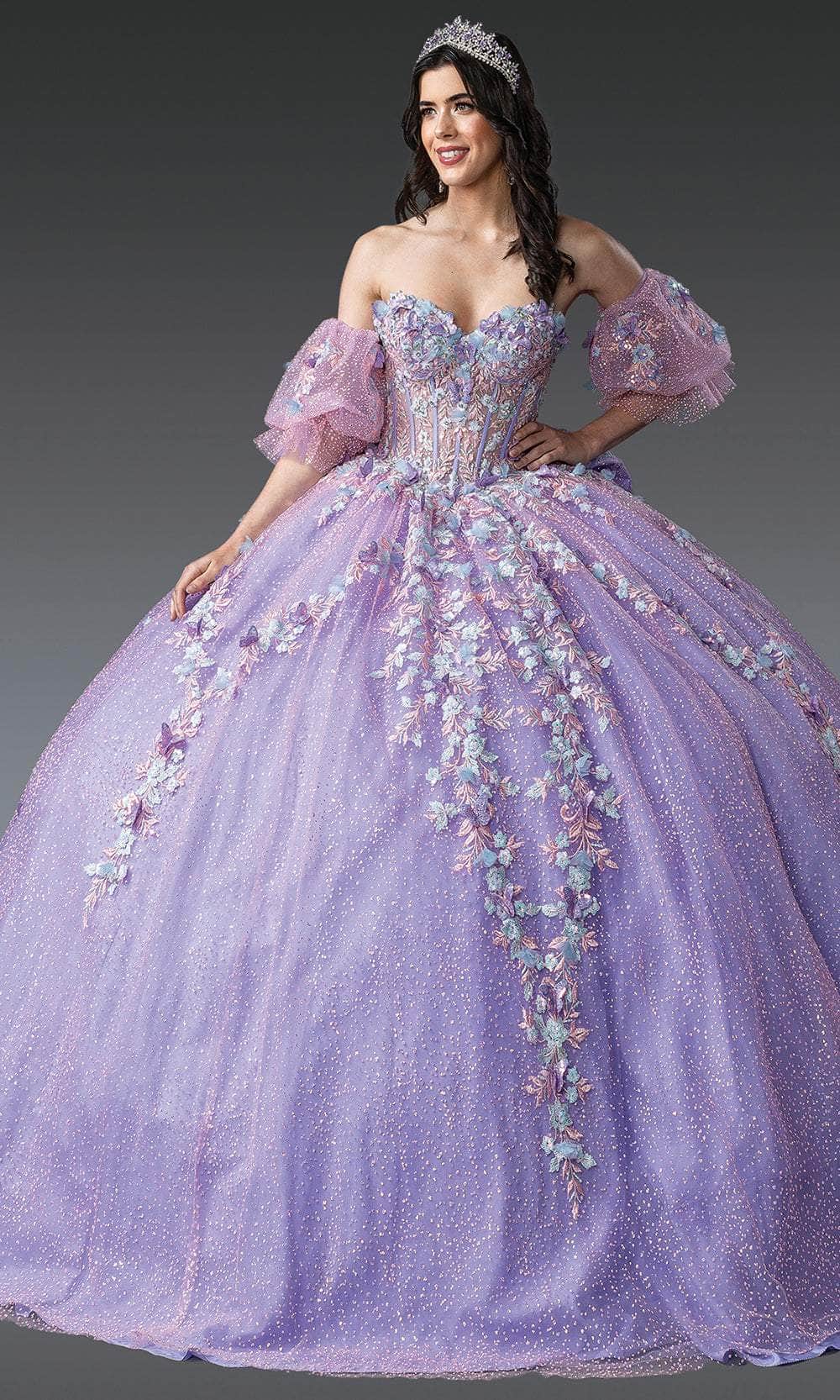 Dancing Queen 1979 - Embroidered Strapless Quinceanera Gown Quinceanera Dresses XS /  Lilac/Multi Print