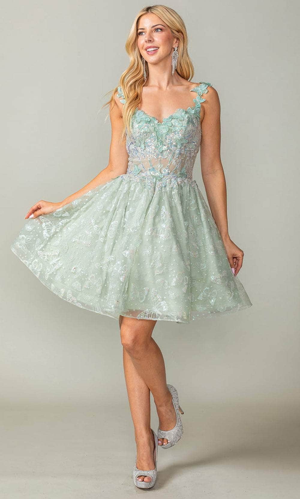 Embellished Short Homecoming Dress with Butterflies Sage / 2XLarge Embellished Short Homecoming Dress with Butterflies Sage / 2XLarge