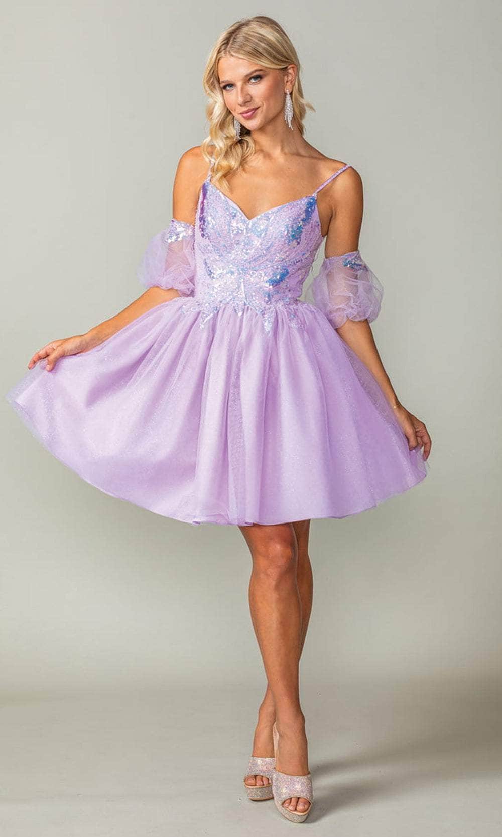 Dancing Queen Danq_3362 - Short A-Line Dress - Spaghetti Straps, Sequin Ornate Bodice, Sheer Puff Sleeves, Corset Back, Short Hem ADASA Dancing Queen Danq_3362 - Short A-Line Dress - Spaghetti Straps, Sequin Ornate Bodice, Sheer Puff Sleeves, Corset Back, Short Hem ADASA