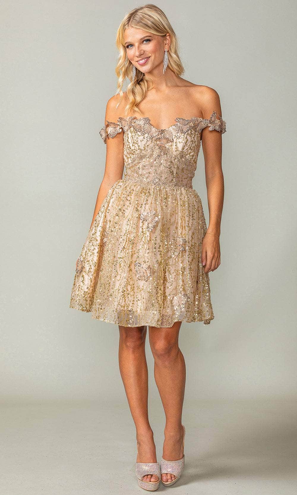 Dancing Queen 3370 - Glitter Butterfly Cocktail Dress Special Occasion Dresses XS /  Gold