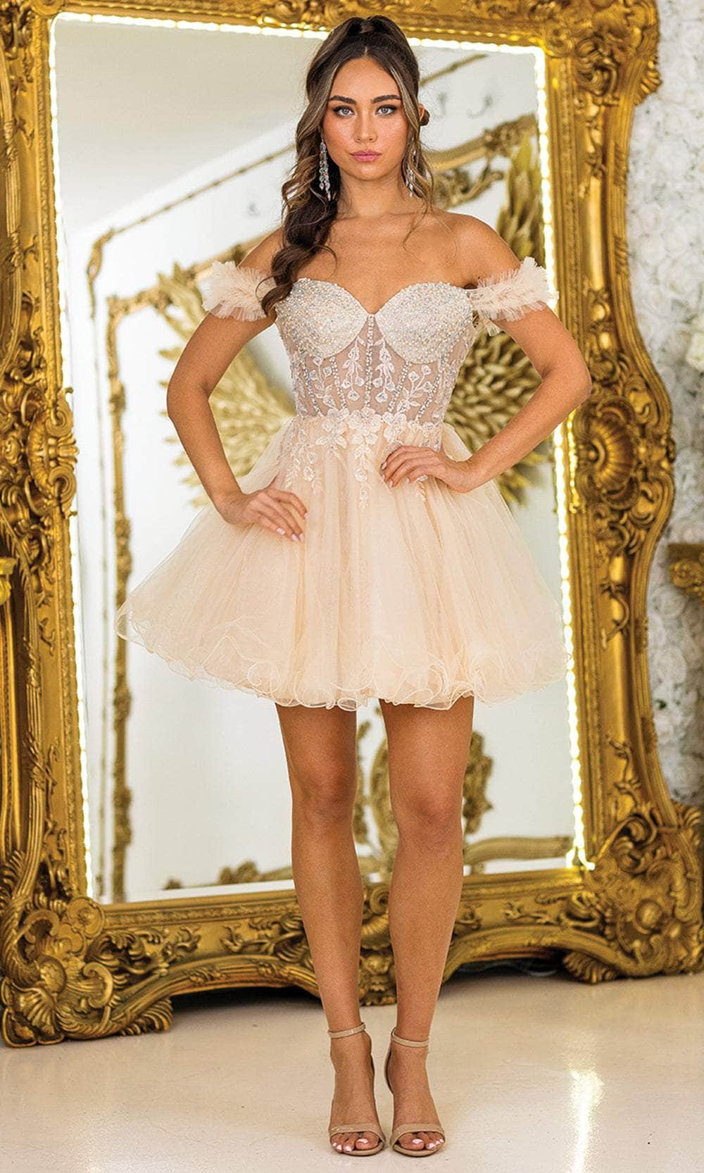 Dancing Queen 3406 - Short A-line Dress - Off-Shoulder Sleeves, Beaded, Sheer Corset Bodice, Lace-Up Back, Ruffles ADASA Dancing Queen 3406 - Short A-line Dress - Off-Shoulder Sleeves, Beaded, Sheer Corset Bodice, Lace-Up Back, Ruffles ADASA