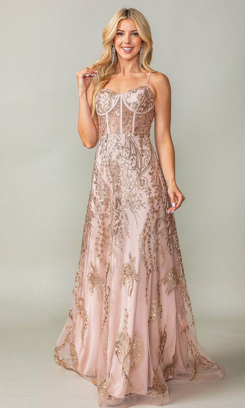 Dancing Queen Danq_4359 - Long A-Line Dress - Spaghetti Straps, Beaded Embellishments, Glitter Print, Corset Boning, Lace Up Back, Sweep Train M / Dancing Queen Danq_4359 - Long A-Line Dress - Spaghetti Straps, Beaded Embellishments, Glitter Print, Corset Boning, Lace Up Back, Sweep Train M /