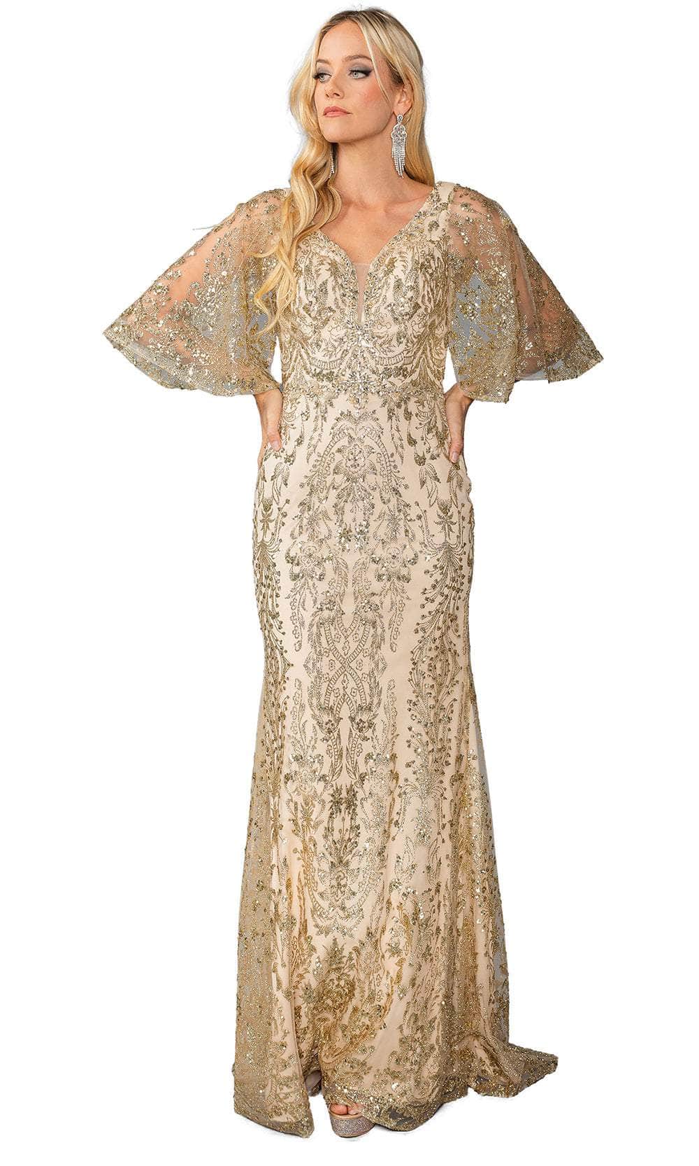 Dancing Queen Danq_4363 - Long Column Dress - Flutter Sleeves, Sequin, Open Back, Back Zipper Closure, Train ADASA Dancing Queen Danq_4363 - Long Column Dress - Flutter Sleeves, Sequin, Open Back, Back Zipper Closure, Train ADASA