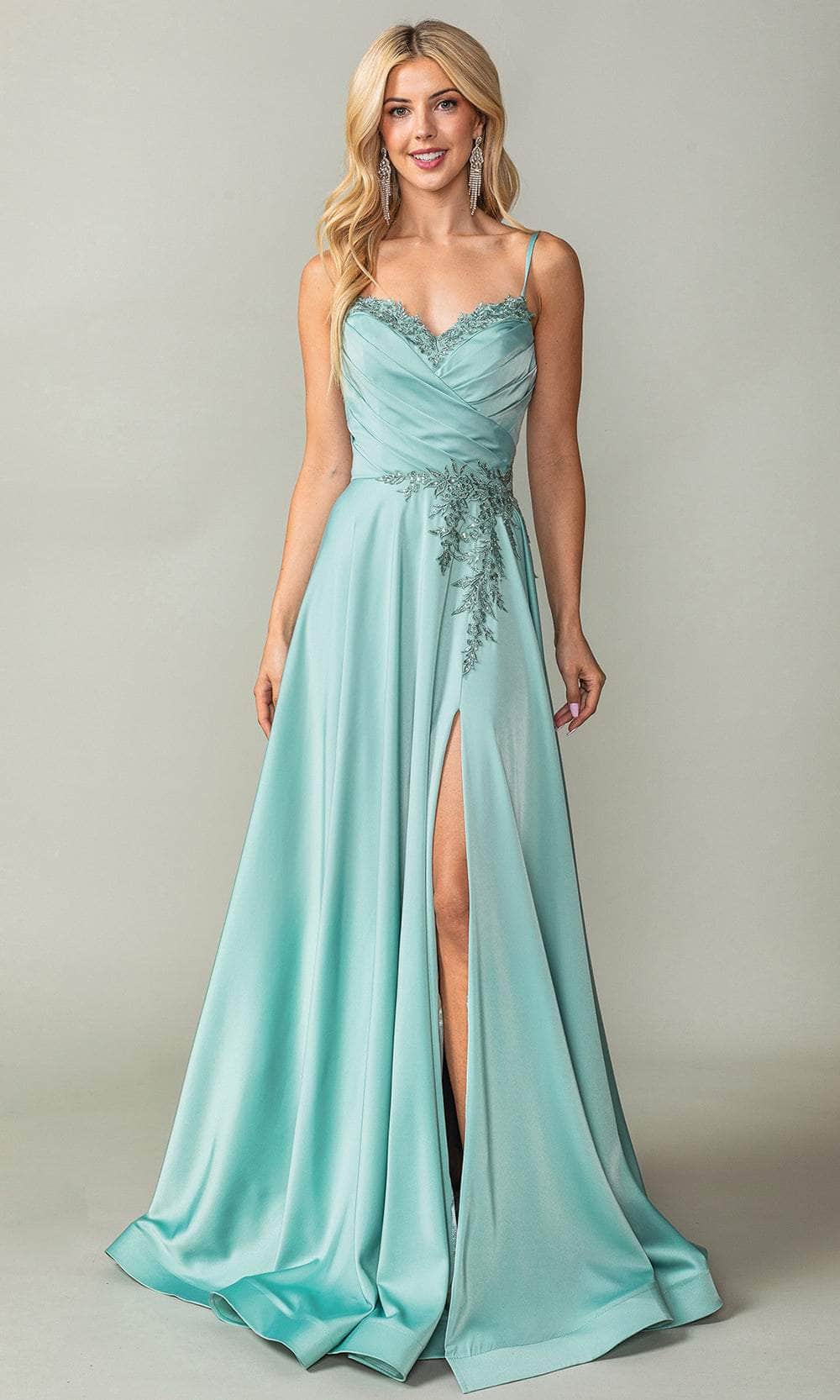 Dancing Queen Danq_4391 - Long A-Line Dress - Spaghetti Straps, Lace Appliques, Pleated Wrap Bodice, Lace Up Back, High Slit, Sweep Train ADASA Dancing Queen Danq_4391 - Long A-Line Dress - Spaghetti Straps, Lace Appliques, Pleated Wrap Bodice, Lace Up Back, High Slit, Sweep Train ADASA